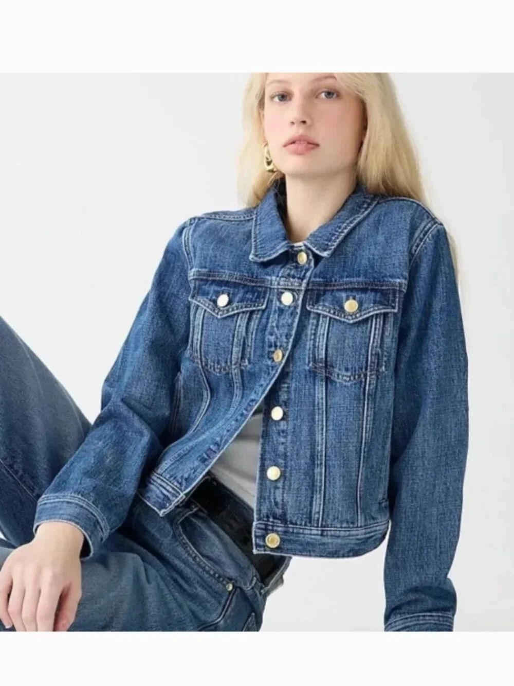 EUC J.Crew Classic Blue Denim Jacket Gold Buttons 100% Cotton Size L